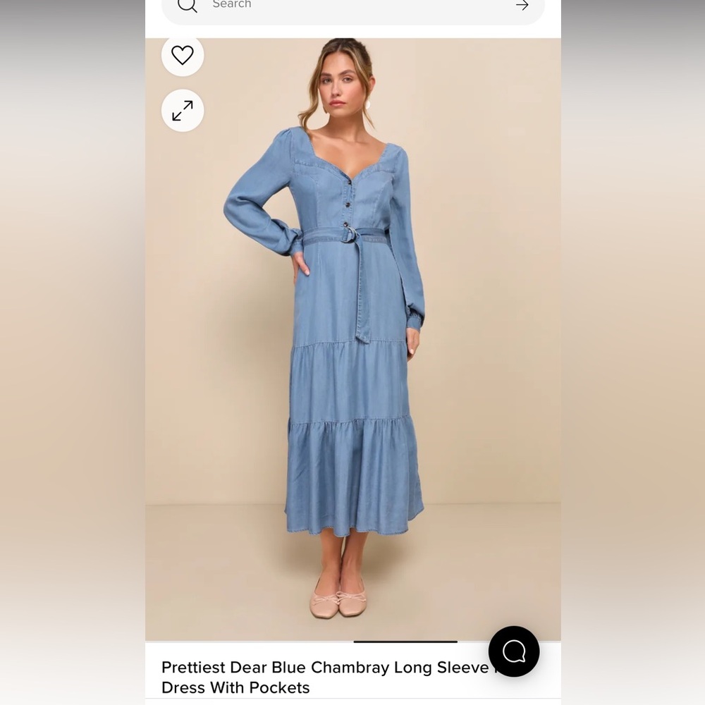 Blue chambray  midi dress with pockets and belt